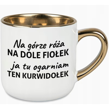 Kubek Elegant uchwyt i rant złoty - na górze róże na dole fiołek